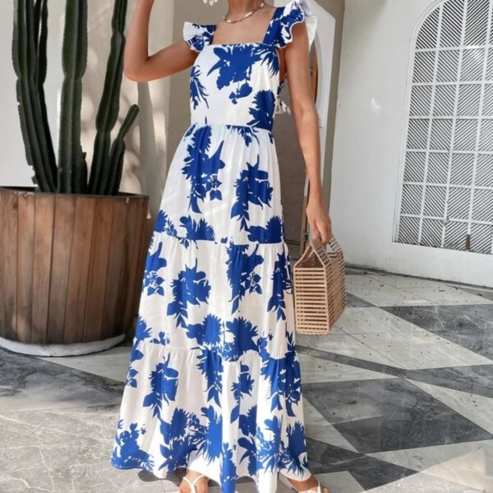Boho floral butterfly sleeve ruffle hem tie back dress blue white - Picture 7 of 7